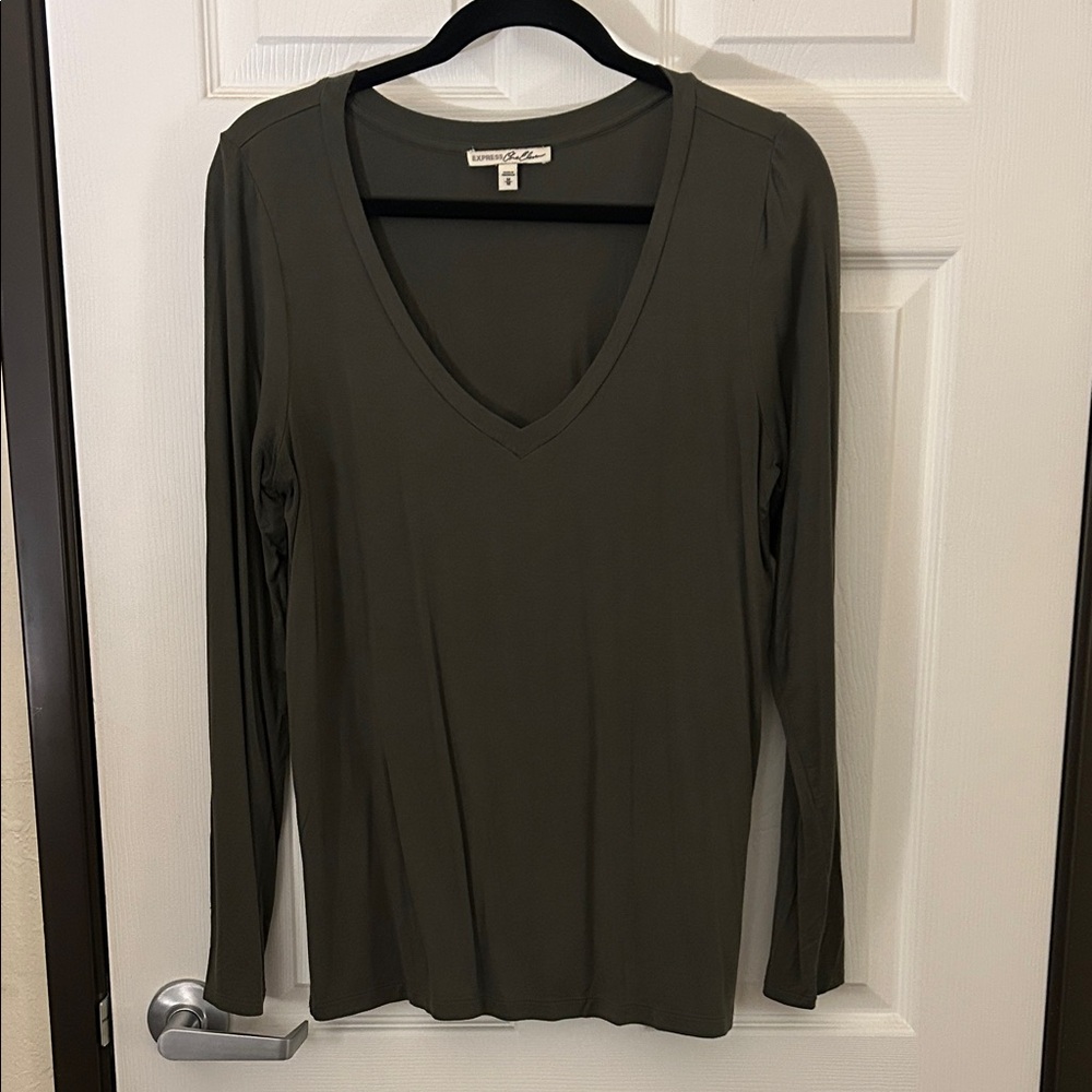 Express Olive Long Sleeve V-Neck Top
